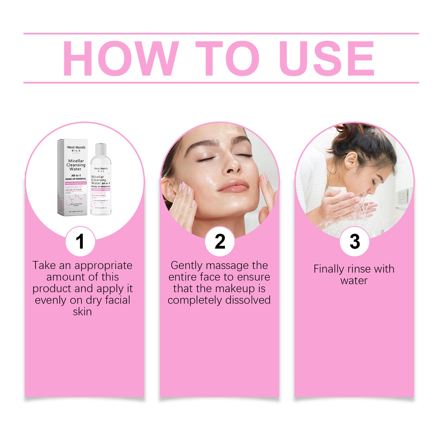 Démaquillant doux West&Month, dissout le maquillage du visage, nettoie en douceur, nettoie en douceur et n'irrite pas la peau