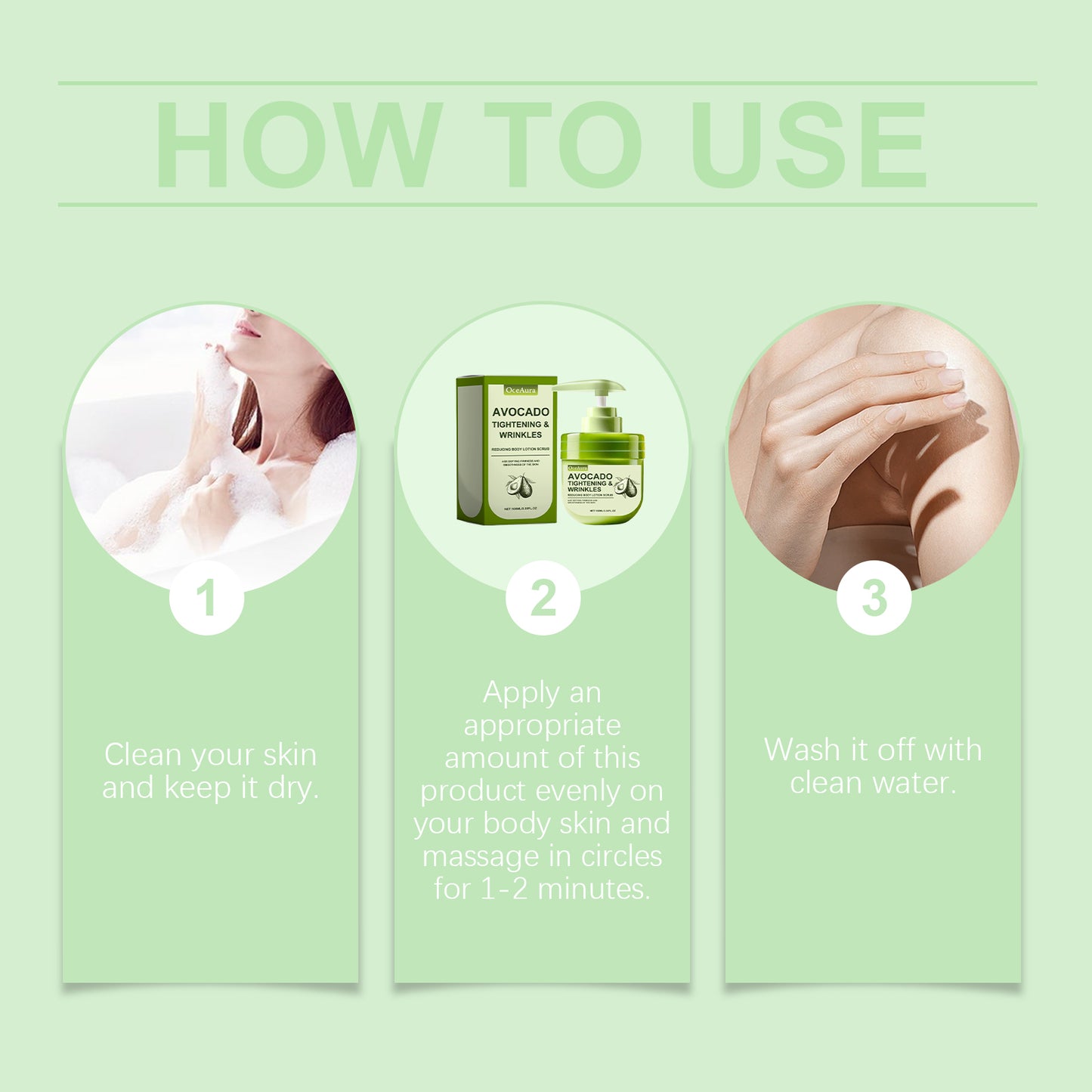 La lotion exfoliante pour le corps à l'avocat OceAura hydrate et hydrate toute la peau