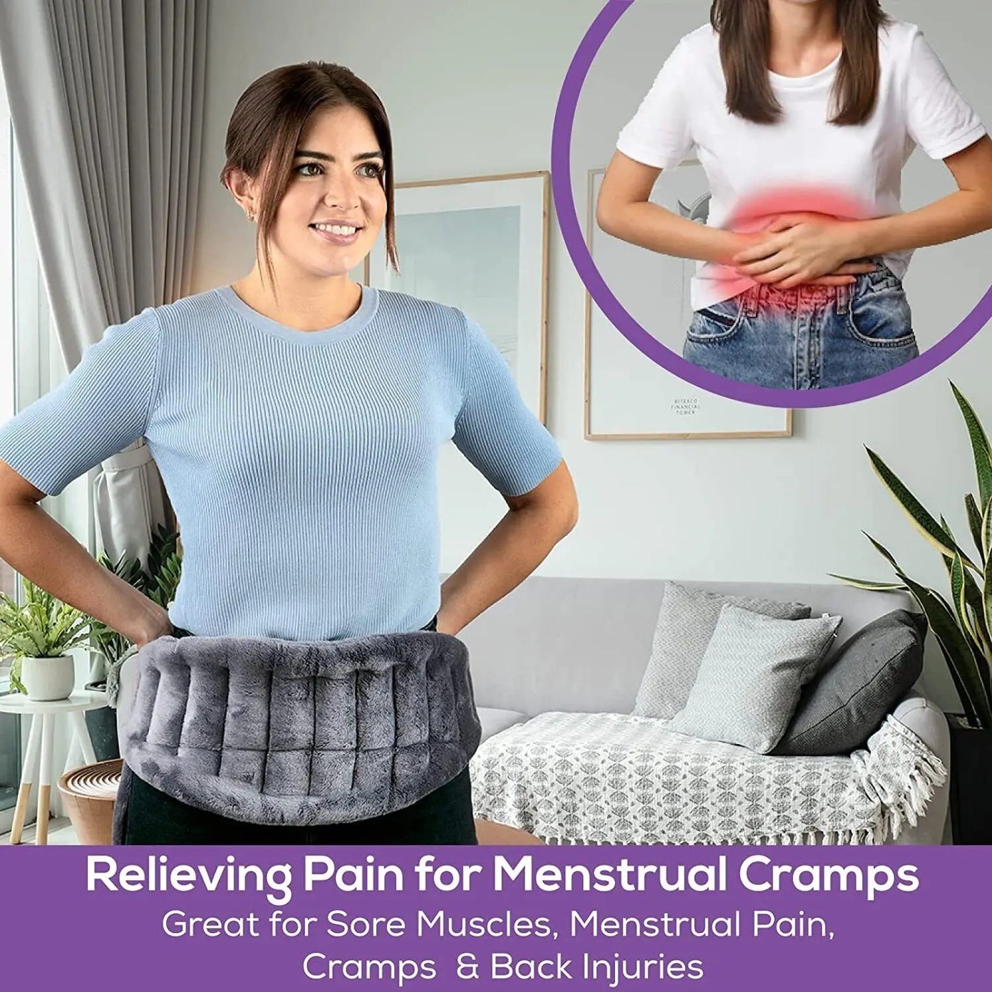 Ceinture chauffante micro-ondes garnie de graines de lin, ceinture de thermothérapie abdominale, coussin chauffant double face en peluche pour la nuque et les  épaules.