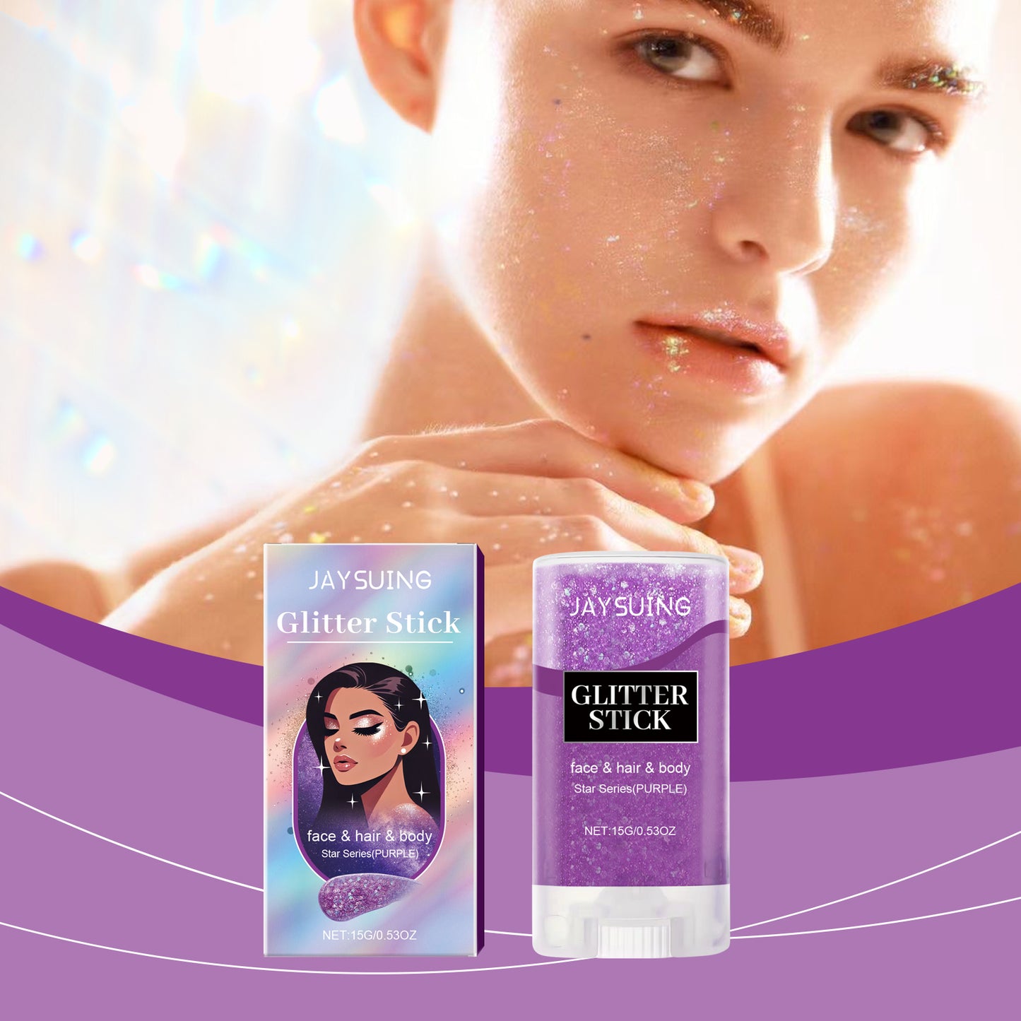 Bâton de paillettes Jaysuing (violet), soirBâton de paillettes Jaysuing (violet), soirée  dansante performance, maquillage, visage, corps, clavicule, mise en valeur et brillance