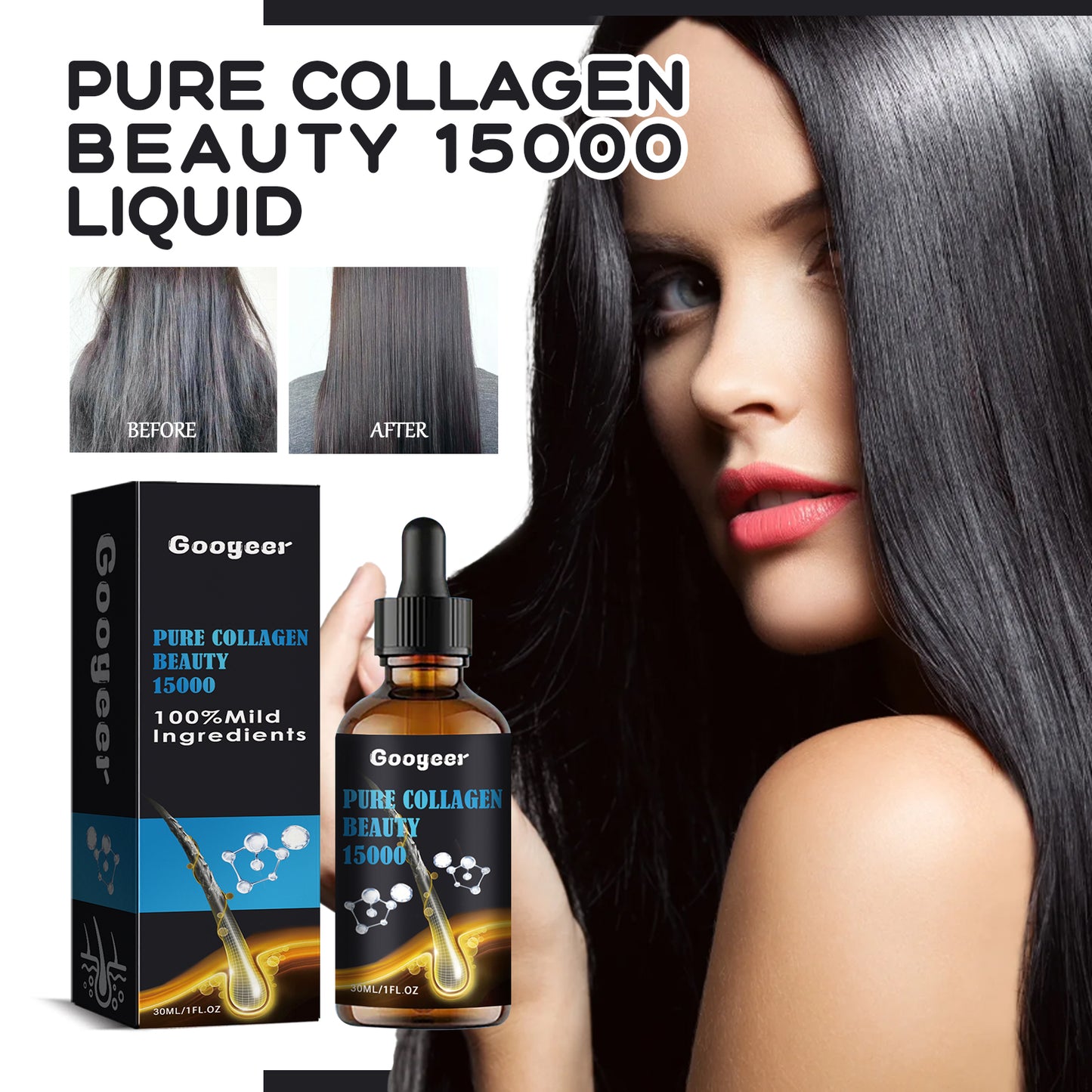 Le liquide de beauté biologique pur et naturel Googeer est un agent de beauté multi-usages qui améliore les cheveux, répare la peau et protège les ongles.