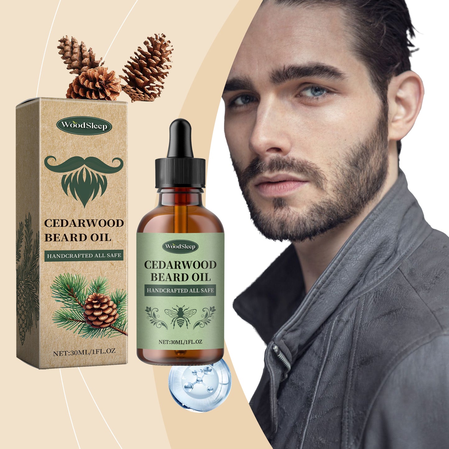 Huile essentielle de soin de la barbe pour hommes WoodSleep nourrit, fait briller et adoucit la barbe. Huile essentielle de soin pour la douceur de la barbe