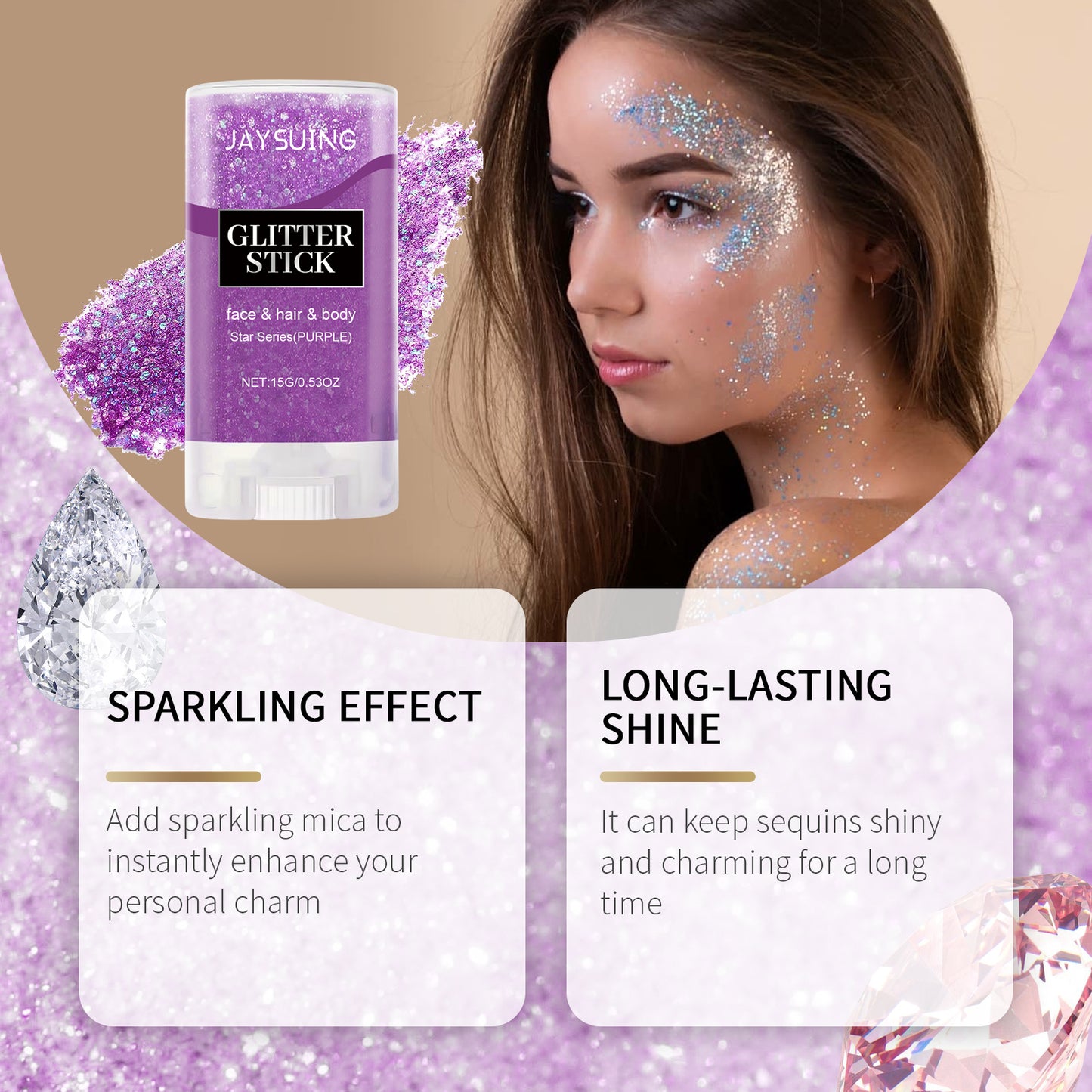 Bâton de paillettes Jaysuing (violet), soirBâton de paillettes Jaysuing (violet), soirée  dansante performance, maquillage, visage, corps, clavicule, mise en valeur et brillance