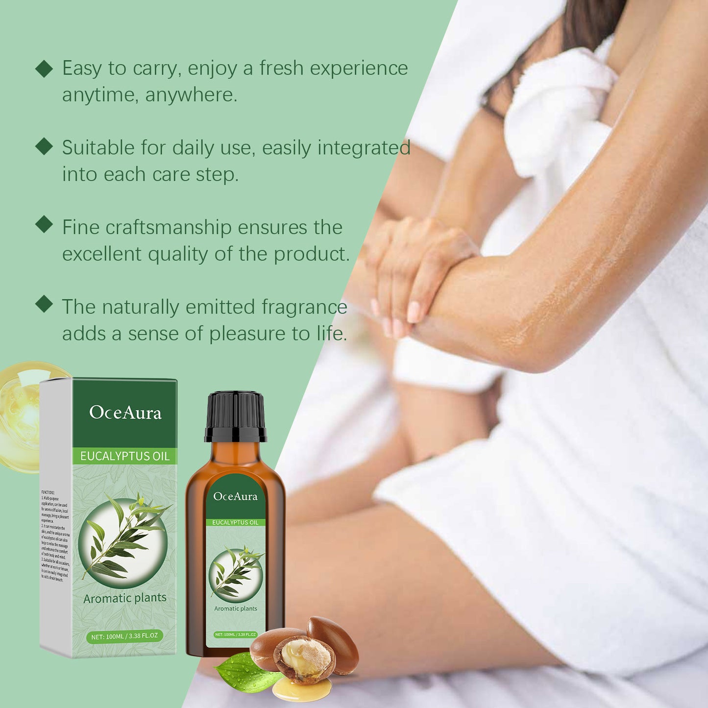 L'huile essentielle corporelle ⁰à l'eucalyptus OceAura hydrate en douceur et procure une sensation de fraîcheur. Elle est idéale pour un massage tonique apaisant et relativement.