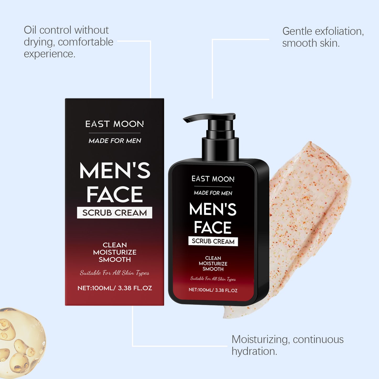 Gommage matifiant pour hommes East Moon : nettoie en douceur la peau du visage tout en la rafraîchissant et en l’hydratant.