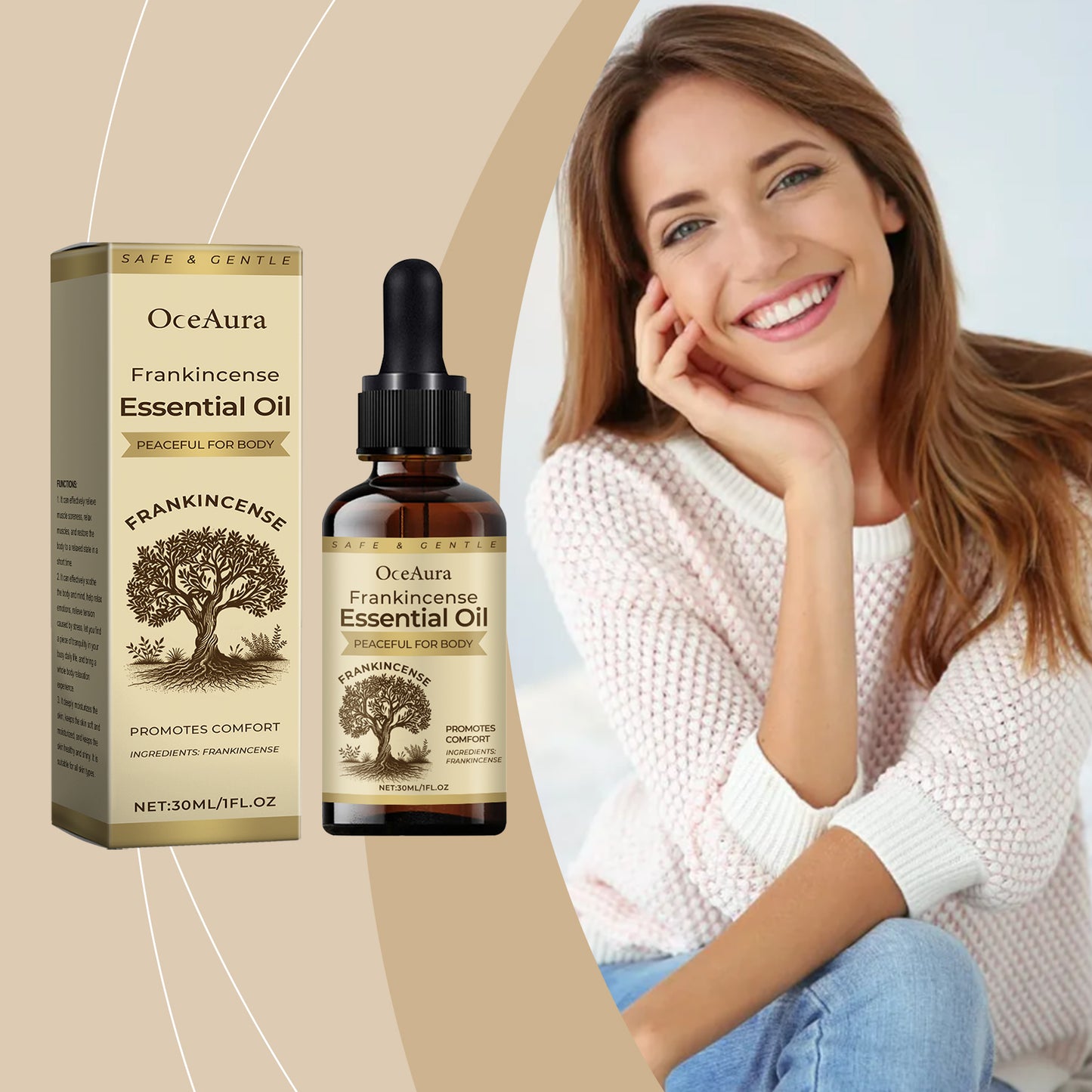 Huile essentielle d'encens Oceaura pour le corps, apaisante pour les muscles des épaules et du dos, et pour le soin des articulations.